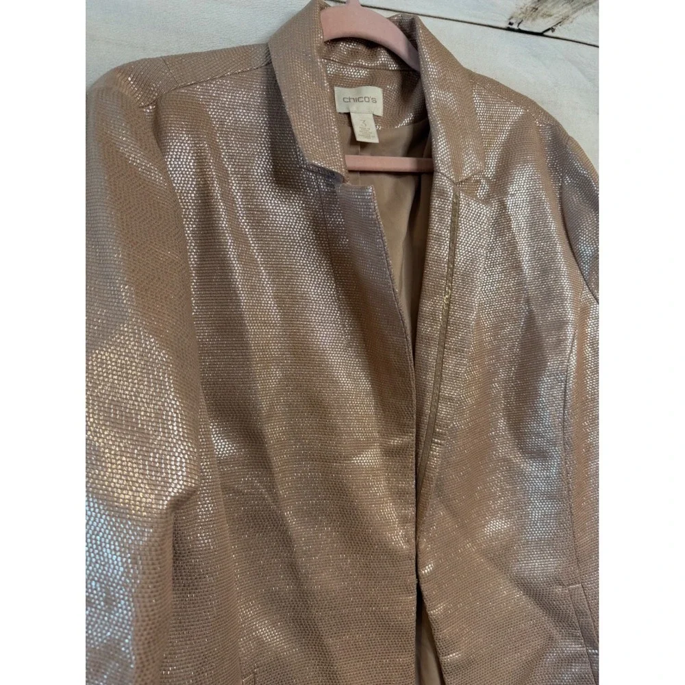 Chico's Rose Gold Metallic Textured Open Front Blazer‎ Jacket Womens Size 3 XL